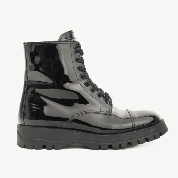 Prada Calzature Donna Black Patent Leather Lace Up Combat Boots - Picture 1 of 11